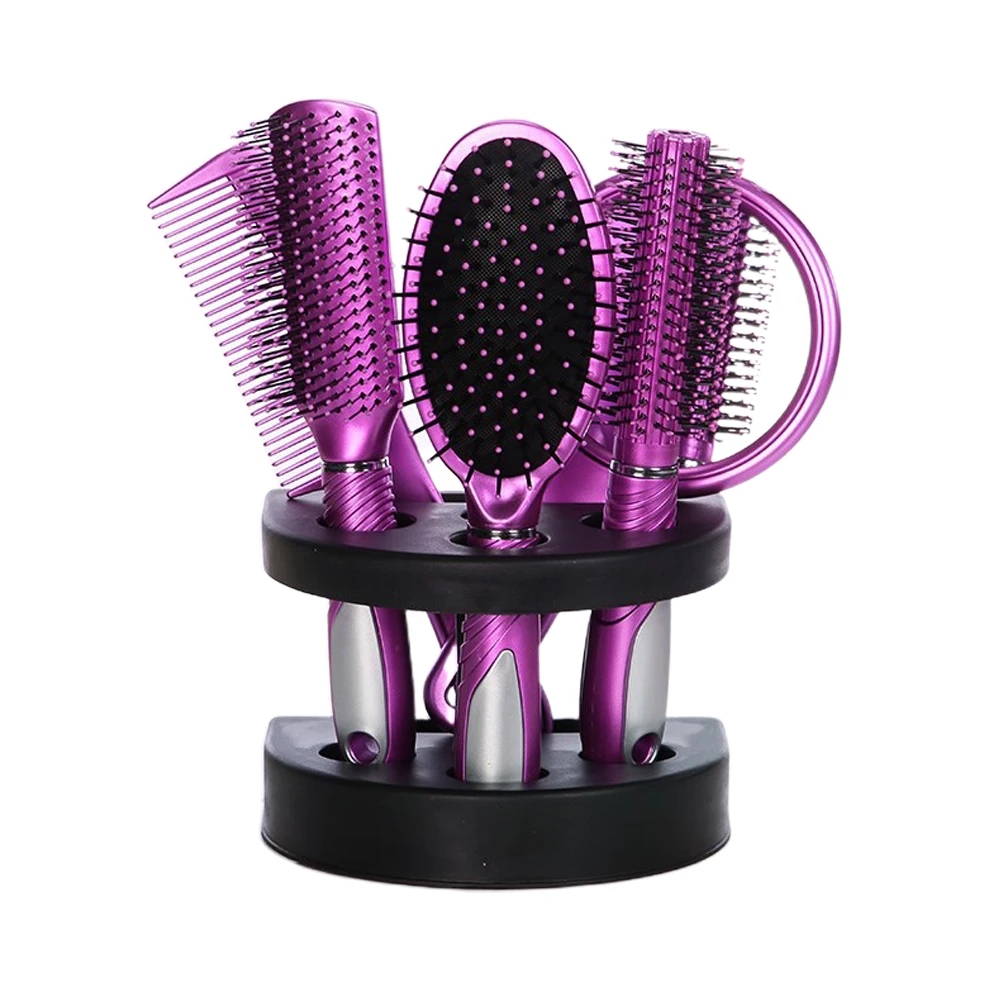 

5pcs Curling Mirror Non Slip Hair Brush Set Detangling Massage Comb Salon Styling Tool Portable Travel With Holder Gift Home