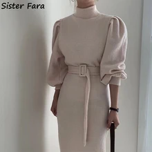 

Sister Fara Autumn Winter Half High Collar Knit Dresses for Women High Waist Puff Sleeve Dress Ladies Sheath Knitting Dresses