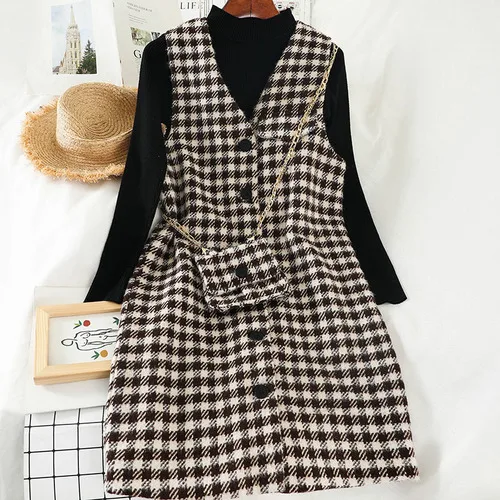 new fashion women's clothing Knit plaid vest dress three piece set female winter dress L967 - Цвет: coffee