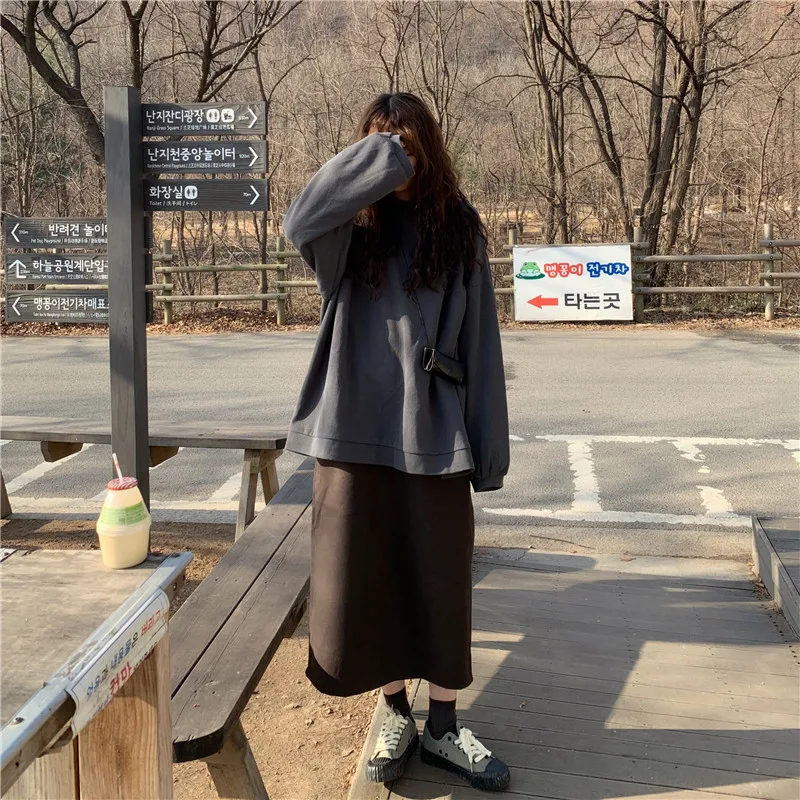 Зимний корейский ulzzang шикарный свободный Harajuku свитер с длинными рукавами ins простой сплошной цвет o-образным вырезом ins Повседневная Женская толстовка