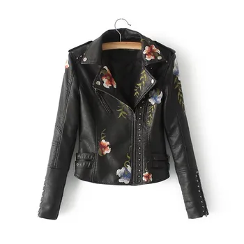 

Women Floral Print Embroidery Faux Soft Leather Jacket Coat Turn-down Collar Casual Pu Motorcycle Black Punk Outerwear