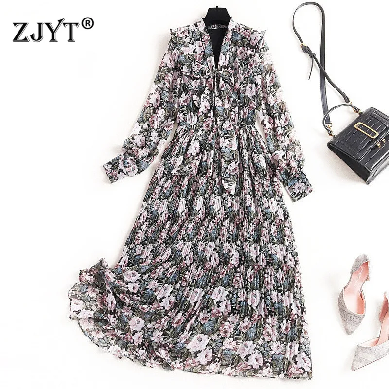

2020 New Fashion Spring Dresses for Women Elegant Bow Neck Long Sleeve Vintage Floral Print Beach Bohemian Chiffon Dresses