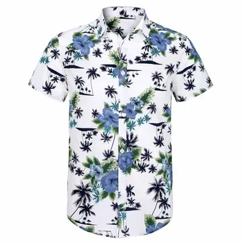 

2020 New 100% Cotton Men Shirt MS0006 M-3XL Plus Size Shirt Men Floral Print Short Sleeve White Summer Hawaiian Shirt