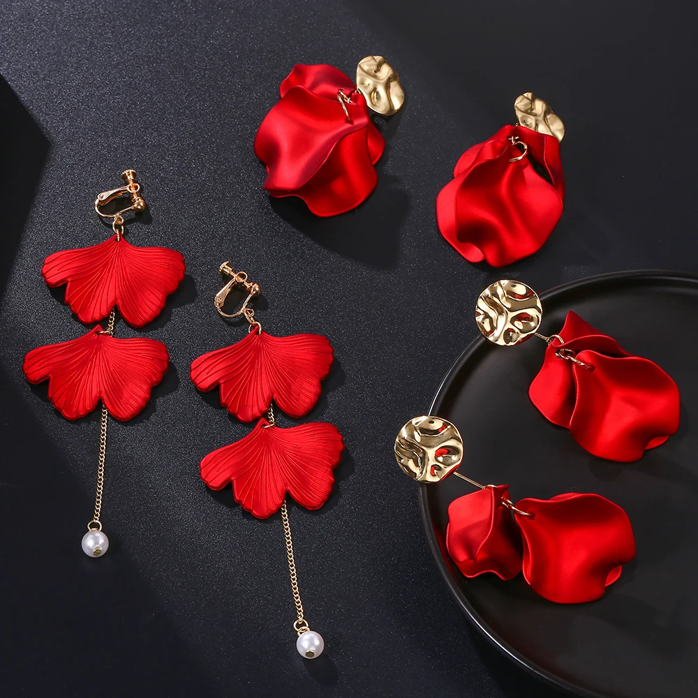 New Design Fashion Statement Red Flower Petal Clip on Earrings for Women New Hot Party Earring for Women Jewelry ear clip earrings clip earrings ear clip ear accessories