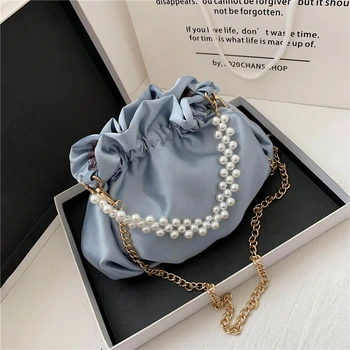 

Pearl Chain totes bag Silk purple Cloud Bag For Women 2020 Summer Armpit bag Lady Shoulder Handbags Female Travel Hand Bag