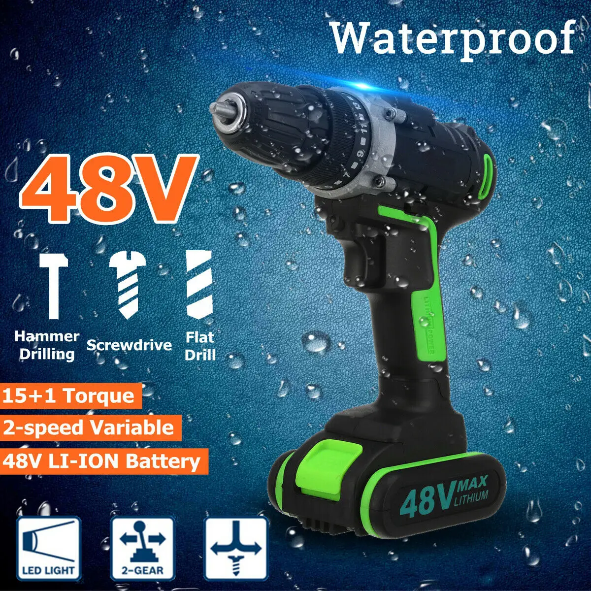

48V Cordless Brushless Hammer Impact Drill Driver 2-Speed Tool & Li-ion Battery Waterproof Safe Locking
