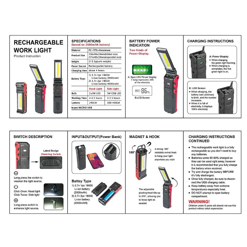 Супер яркий COB светодиодный рабочий свет с магнитной основой и крючком USB Перезаряжаемый фонарь с настройкой яркости