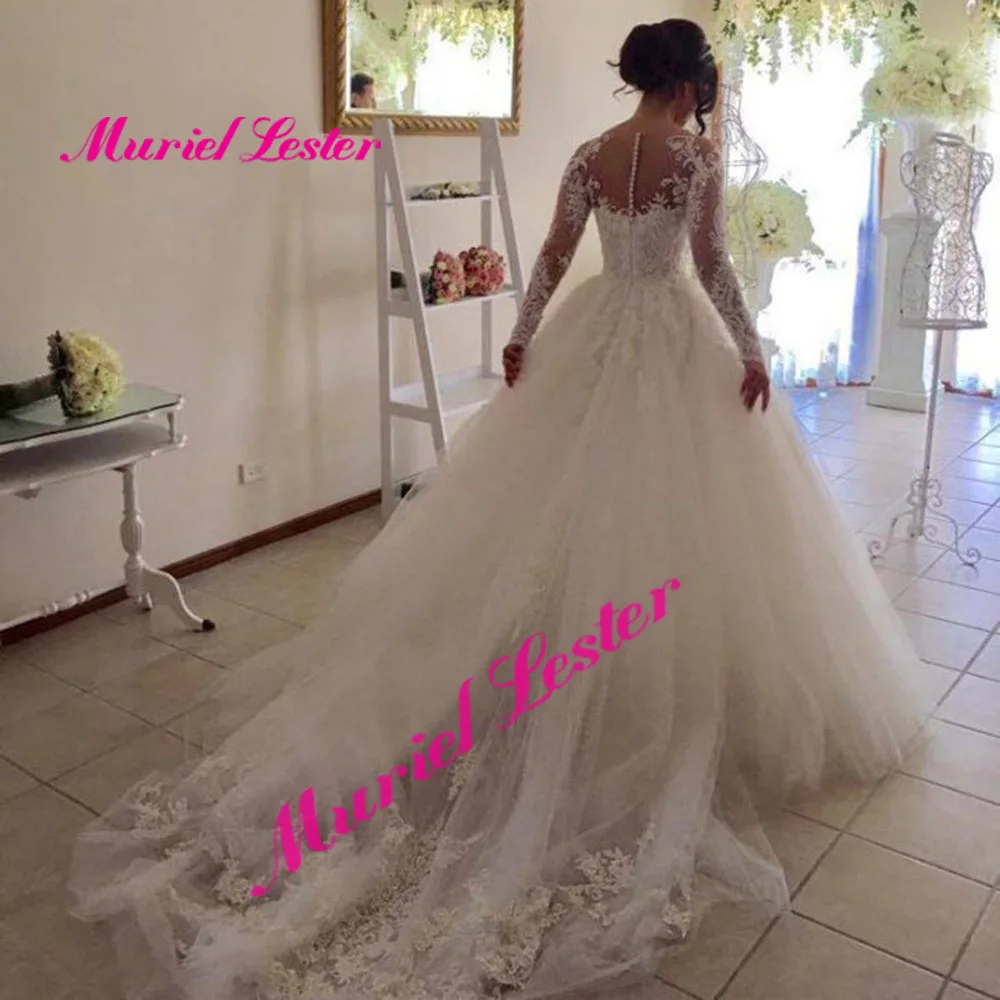 Elegant Long Sleeves Wedding Dresses Ball Gown Bride Dress See Through Skin Tulle Bridal Gowns Lace Appliques Vestidos De Novias casual wedding dresses