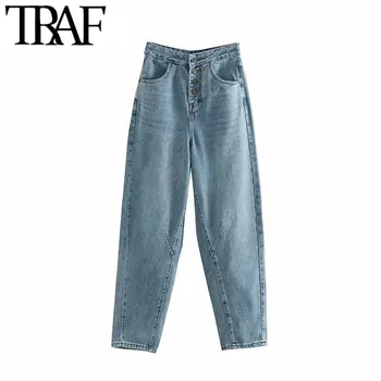 

TRAF Women Vintage Stylish Washed Effect Pockets High Waisted Jeans Fashion Buttons Fly Denim Harem Pants Female Ankle Trousers