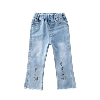 

2020 Fashion Toddler Kids Baby Girls Denim Pants Floral Print Blue High Waist Straight Pants Long Trousers 1-6Y