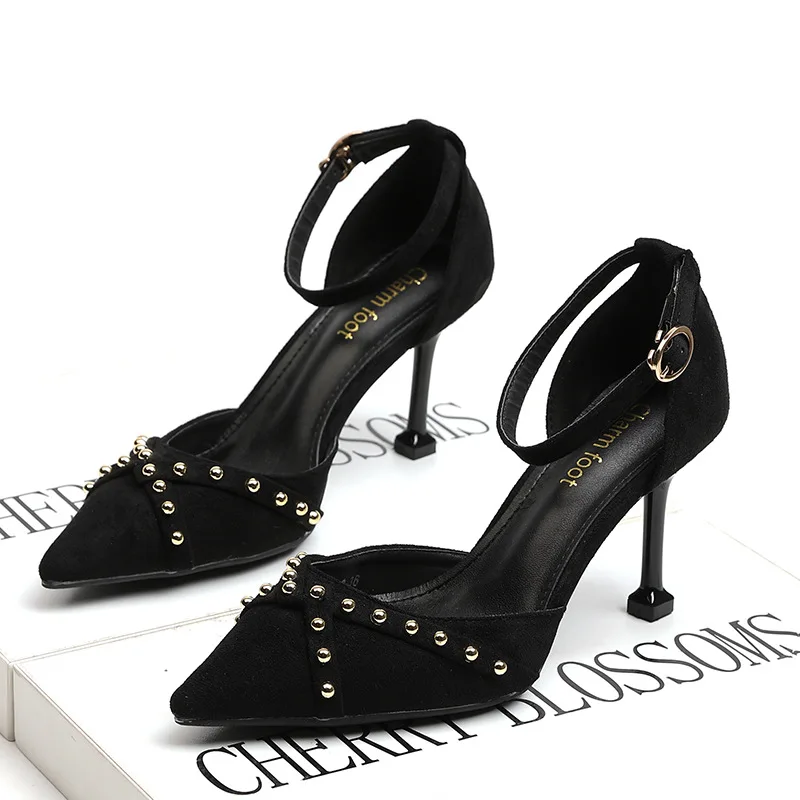 

A- line Strap Sandals WOMEN'S High-heeled Shoes 2019 Spring New Style Pointed-Toe Thin Heeled Korean-style Versatile-Rivet Shoes