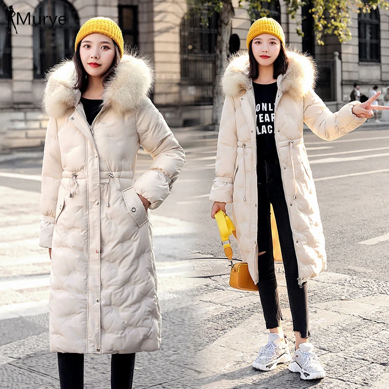 

New Korean winter jacket female parka real fur thick long coat hooded wrap pocket padded coat snow wear plus size women clothing