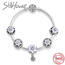 Роскошные 925 пробы серебряные фиолетовые белые цветы бусины амулеты Браслеты поэтический кулон браслет