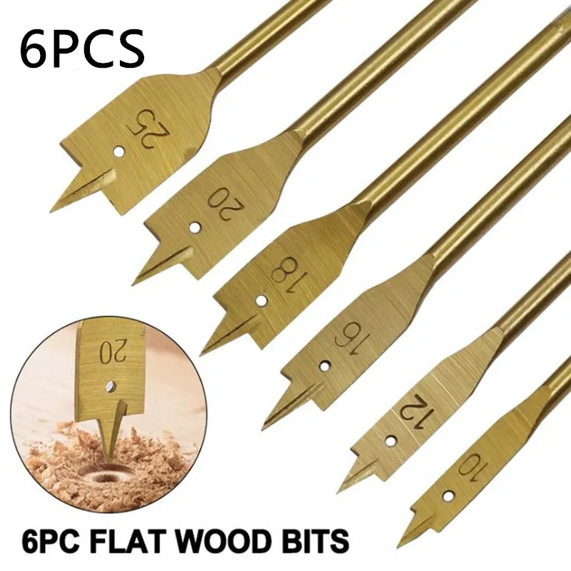

6pcs/Set Titanium Coating Hex Shank Spade Bits Flat Boring Bit Wood Drill Bit Power Tools Hole Saw 10/12/16/18/20/25mm