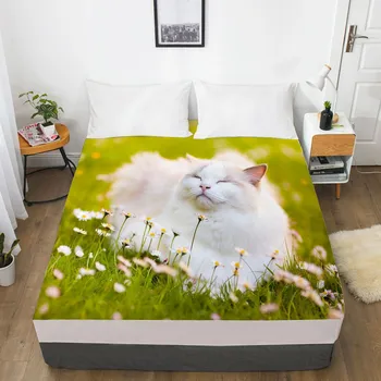 

3D Fitted Sheet Bed Mattress Fitted Cover Custom Design Bed Linens Sheets Bedsheet 198*203cm Animal White Cat Printed Bedding