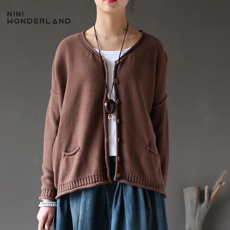 NINI WONDERLAND, Осенний однотонный Хлопковый вязаный свитер, пальто, весенний женский свитер с длинным рукавом, Повседневный Кардиган, женское Свободное пальто