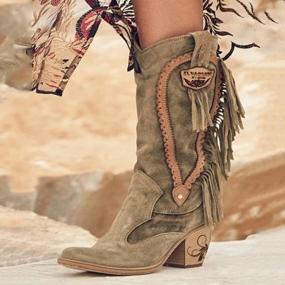 Vertvie/Boho/Женские Стильные теплые меховые ботинки на среднем каблуке в этническом стиле замшевые ботинки на низком каблуке зимняя вышитый ботинок с длинной бахромой