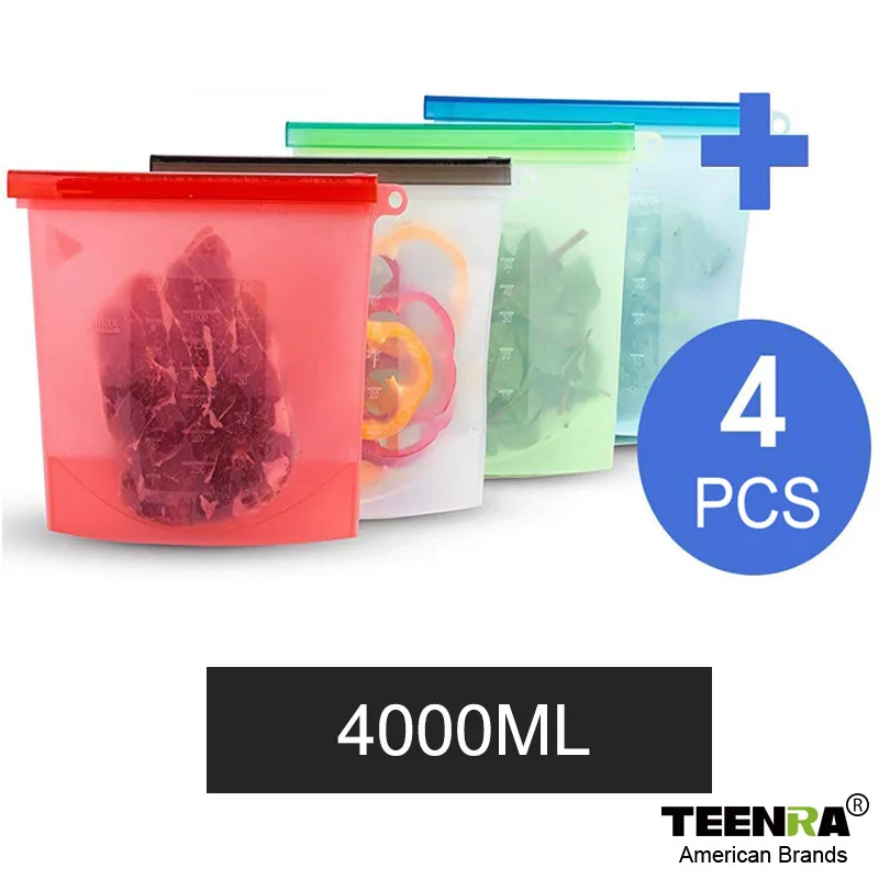 4-4000ml TEENRA 4 шт. многоразовая Печать Силиконовая пищевая свежая сумка Ziplock сумка для хранения продуктов Вакуумный Герметичный Мешок контейнер в холодильник инструменты - Цвет: 4-4000ml