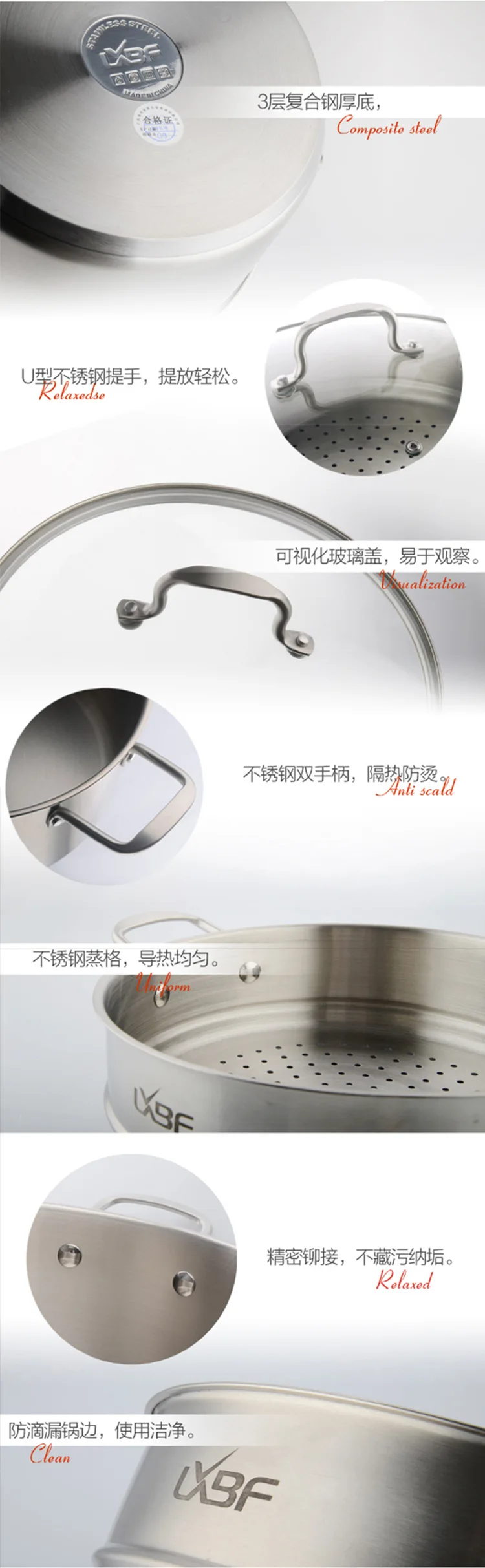 Lxbf/lxbf 28 Cm Food Grade 304 Stainless Steel Double Layer Steamer Stainless Steel Soup Pot Glass Cover