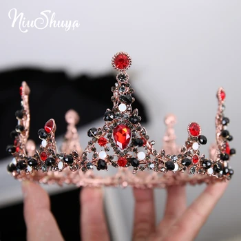 

NiuShuya Fashion Black Red Crystal Wedding Crown Tiara Hair Jewelry Round Rhinestone Bridal Headpieces Hair Accessories