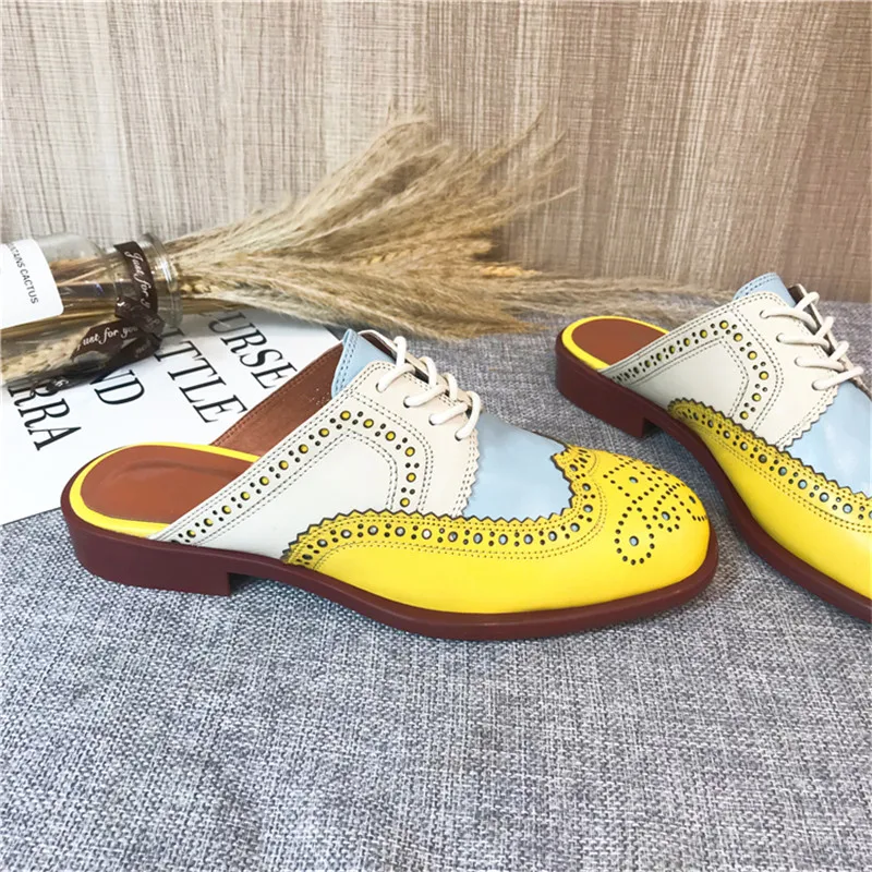 2020 Summer Slides Women's Shoes Carved Round Toe Flats Heel Brogues Mules Shallow Mouth Color Block Oxford Shoes Slippers Women (12)