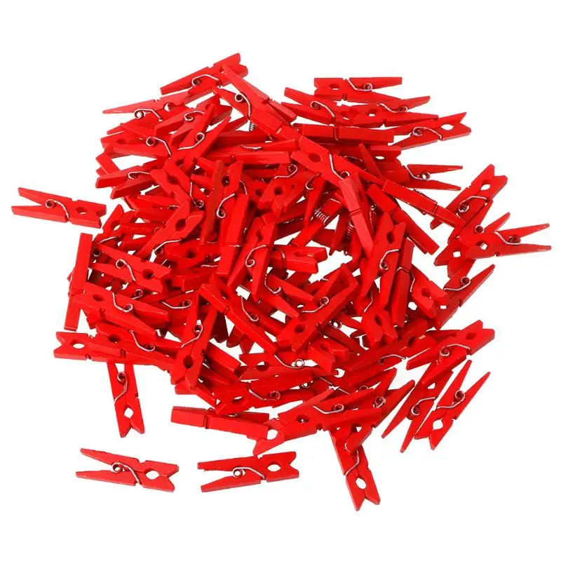 Red 100 шт. Мини Деревянные колышки 30 мм художественные Свадебные Висячие фото зажимы для одежды - Цвет: Red