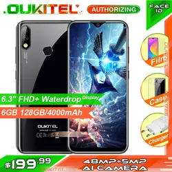 OUKITEL Y4800 6,3 "FHD + безрамочный экран с Дисплей 6 ГБ Оперативная память 128 Гб Встроенная память Смартфон Android 9,0 48MP + 5MP отпечатков пальцев 4000 mаh 9В/2A