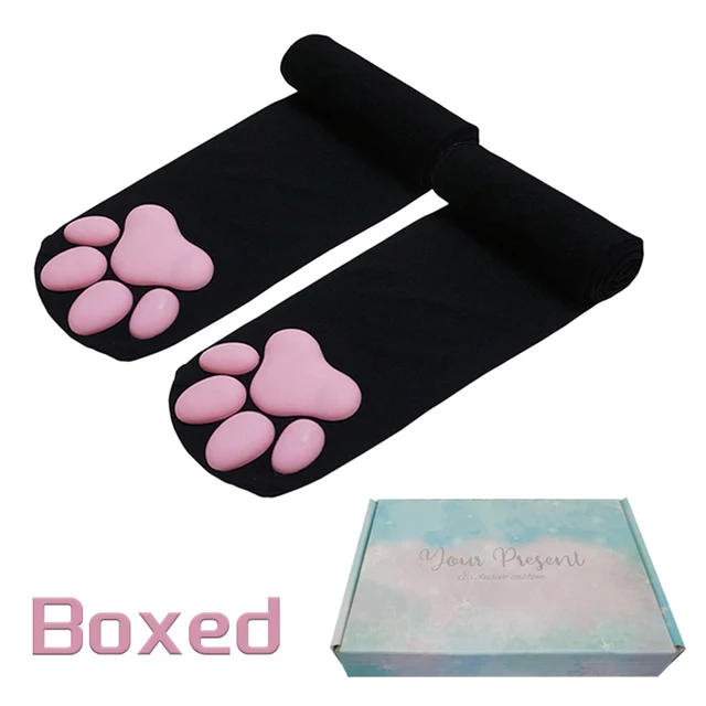 ohoooh Lolita Cat Paws Stockings With Paws Women's Long Socks Cat Paw Knee Socks 3D Kawaii Cosplay Cat Meat Thigh High Socks Black(Boxed)