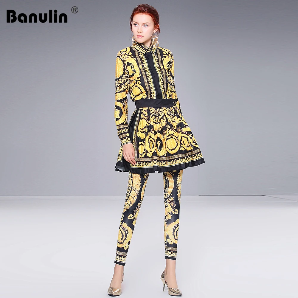 

Vintage Golden Leopard Print Bouses Tops + Mini Skirt + Elastic Waist Pencil Long Pants 3 Pieces Set Suit Womens Outfits Winter