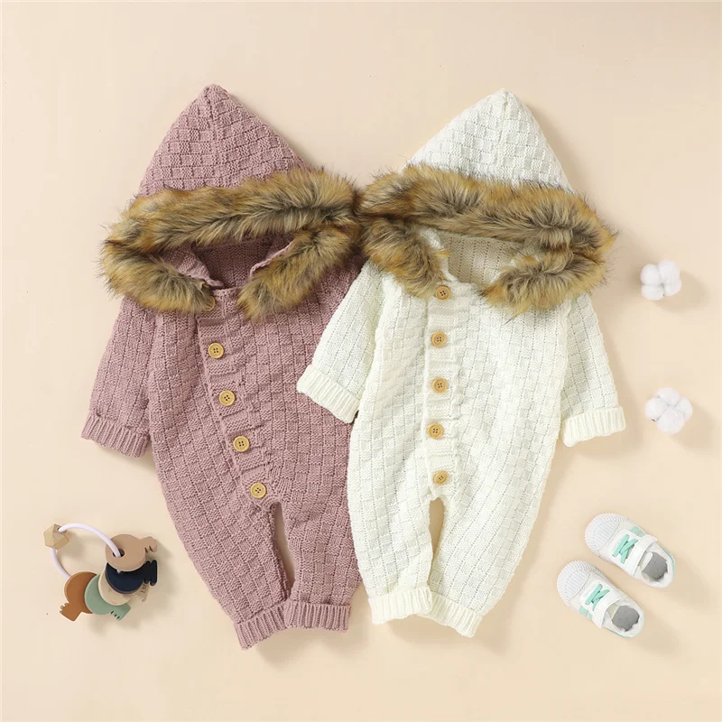 Baby Sweater Jumpsuits Winter Boys Girls Clothes Toddler Long Sleeve Single-breasted Knitted Furry Hooded Sweaters 0-24M