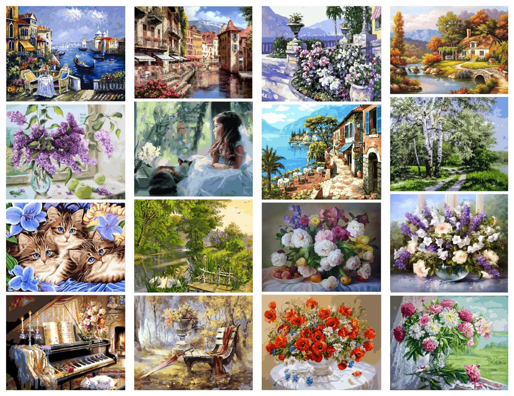 

Frameless Canvas diy oil painting Landscape house flowers acrylic paint wall painting from the digital unique gifts Home decor