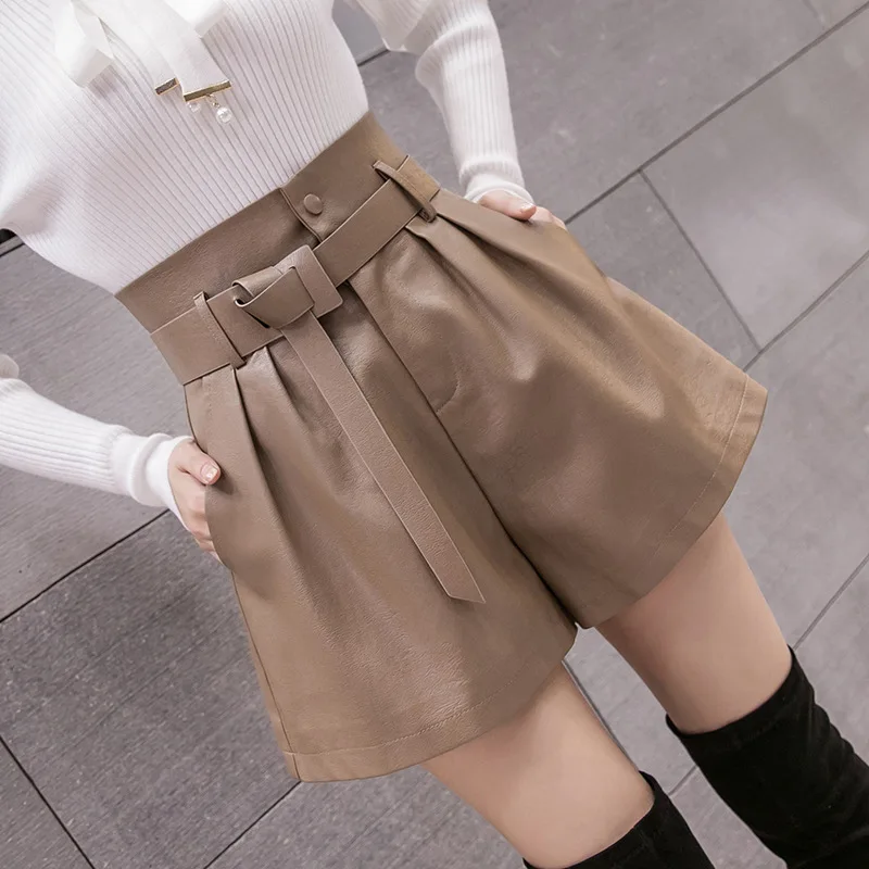 

2020 Autumn Winter Newest Korean Hot Pants Fashion High Waist Leather Shorts Loose Wide Leg Cargo Shorts Slim Leather Boot Pants
