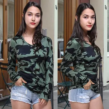 

Women Summer Autumn Fashion Long Sleeve V-neck Camouflage Printing Slim Casual T-shirt Army All Match Tops Tee