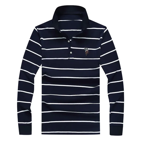 Navy blue Left Pop Новые мужские модные полосатые тонкие повседневные футболки с длинными рукавами и вышивкой/мужские хлопковые футболки для отдыха - Цвет: Navy blue