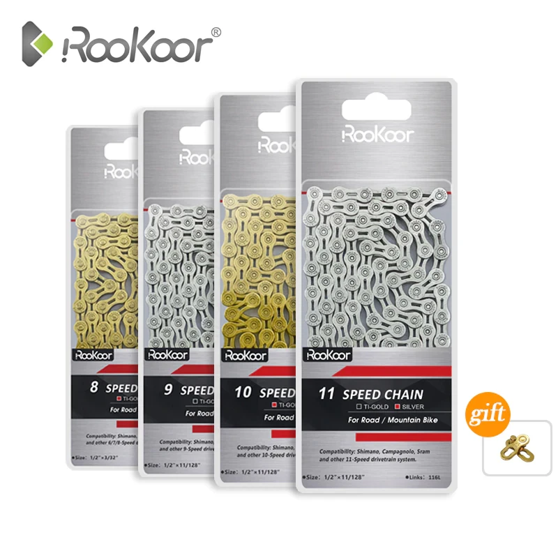Rookoor bicicleta corrente 6 7 8 9 10 11 velocidade velocidade de titânio chapeado ti ouro prata montanha estrada bicicleta mtb cadeias parte 116 links