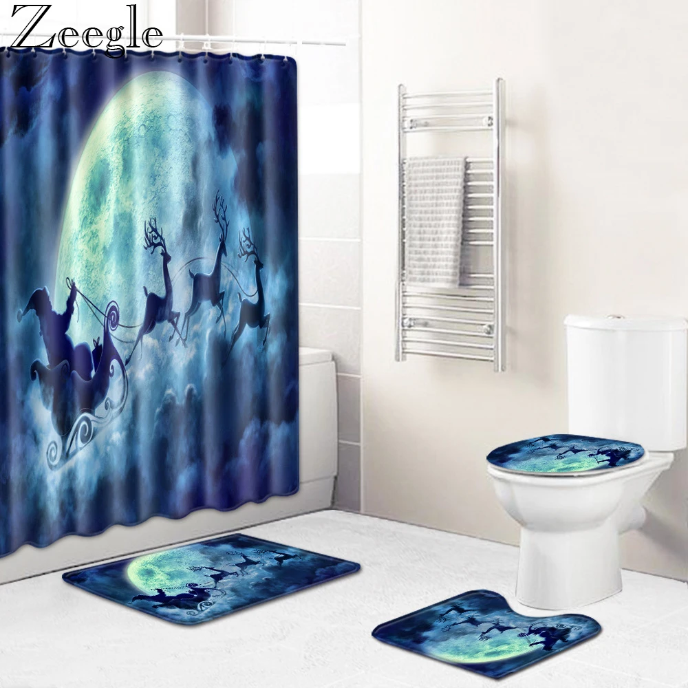 

Zeegle Shower Curtain Waterproof Christmas Bath Curtain Anti-slip Bathroom Rug Set Toilet Cover Mat Absorbent Bath Mat Set