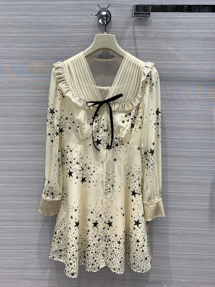 

LouLan Queen Long Sleeve Women Dress Runway/Summer/Silk/Midi/Party/Boho/Beach/Elegant/Star/Casual/Lace Dress Robe ete femme 2020