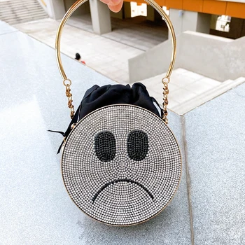 

2020 New Cute Alloy Metal Mini Circular Dinner Purse And Handbag Female Chic Double-sided Diamond Smiling Face Evening Bag Women