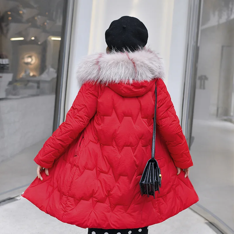 Down parka cultivate morality joker thickening heavy hair brought down cotton-padded jacket female warm coat - Цвет: Красный