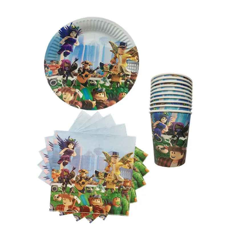 40pcs roblo game Theme Disposable Tableware Cup Plate Napkin Kids Happy Birthday Party Decoration Banner Supplies Sets | Дом и сад