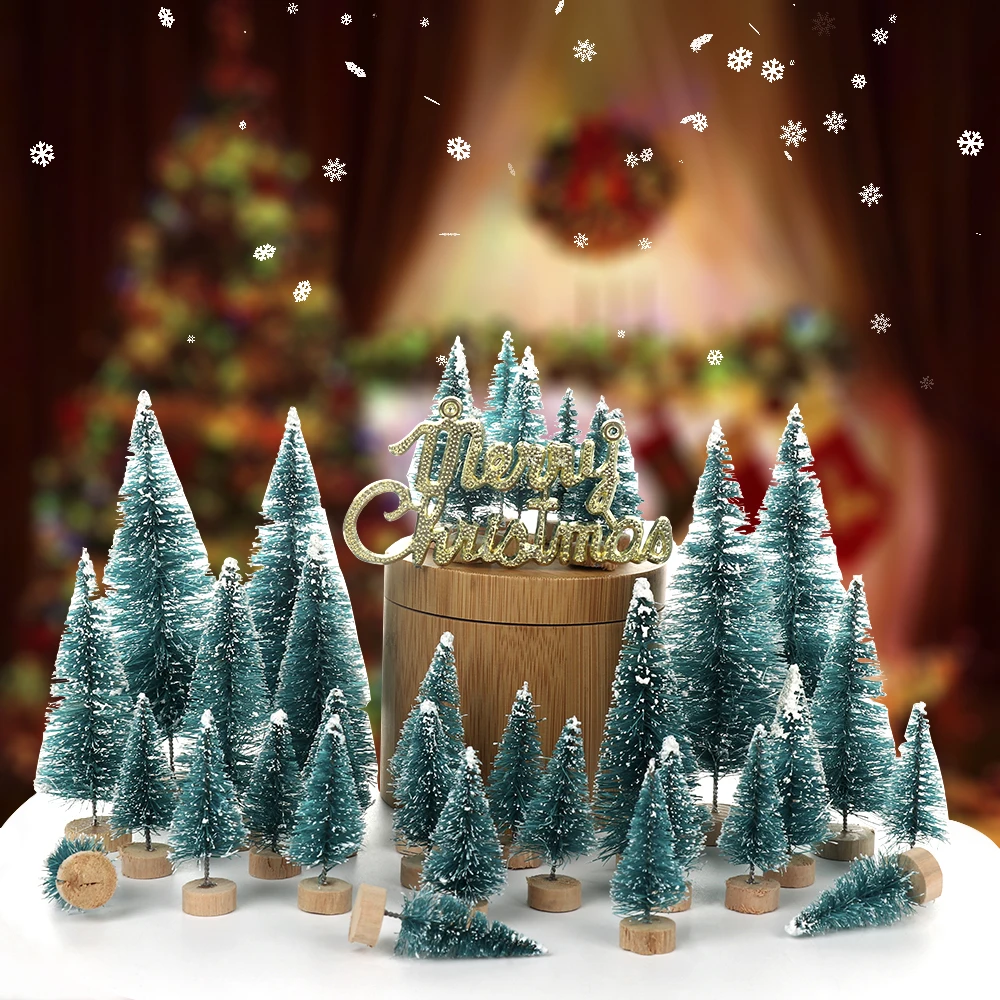 

34pcs/lot Mini Christmas Tree Artificial Sisal Pine Tree with Wood Base DIY Crafts Home Table Top for Christmas Decoration