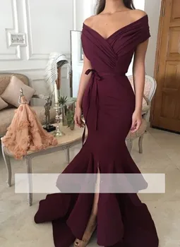 

Burgundy Muslim Evening Dresses Mermaid Off The Shoulder Slit Islamic Dubai Saudi Arabia Long Evening Gown Prom Dress