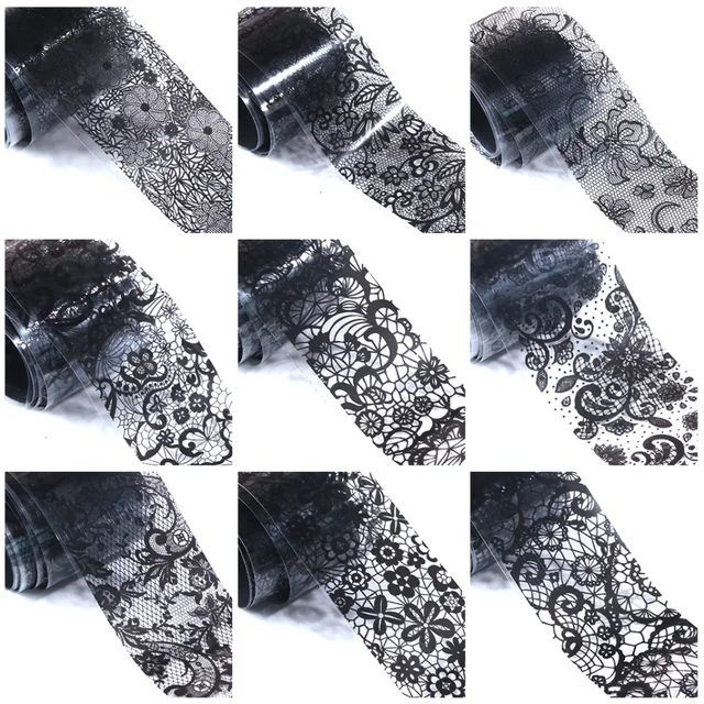 YKZFUI Retro Holographic Nail Art Foil Transfer Stickers Black Lace Foils Nail Art Supplies Nail Foil Lace Flower Pattern Designs Stickers Decals for Women