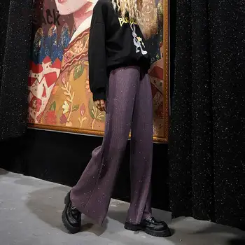 

ELFSACK Solid Straight Casual Knit Women Wide Leg Pants,2020 Autumn ELF Pure High Waist,Korean Ladies Daily Bright Trouser