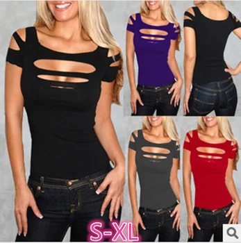 

Sexy Fashion Short Sleeves Cut Out Shredded Top T shirts Women's Clubwear
