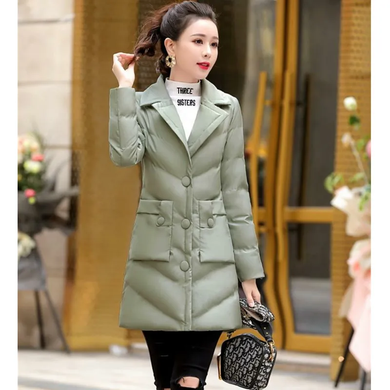 Bean green UHYTGF качественный пуховик Зимнее пальто для женщин с ОТВОРОТОМ однобортный Тонкий женский жакет однотонные повседневные теплые хлопковые пальто 446 - Цвет: Bean green