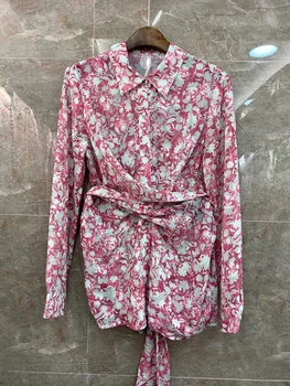 

2020 Spring and Summer New Women's Small Lapel Waist Wrinkled Kink Splicing Print Long-Sleeve Top 414