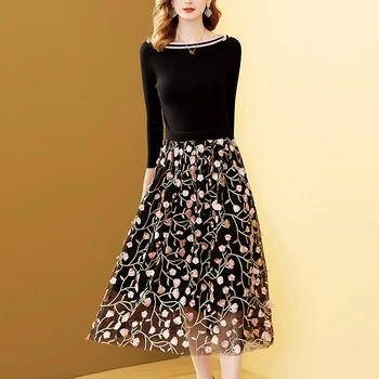 

Gedivoen Vintage Mesh Midi Dress Women 3/4 Sleeve Floral Embroidery A-Line Party Dress Fashion Designer Spring Autumn Dresses