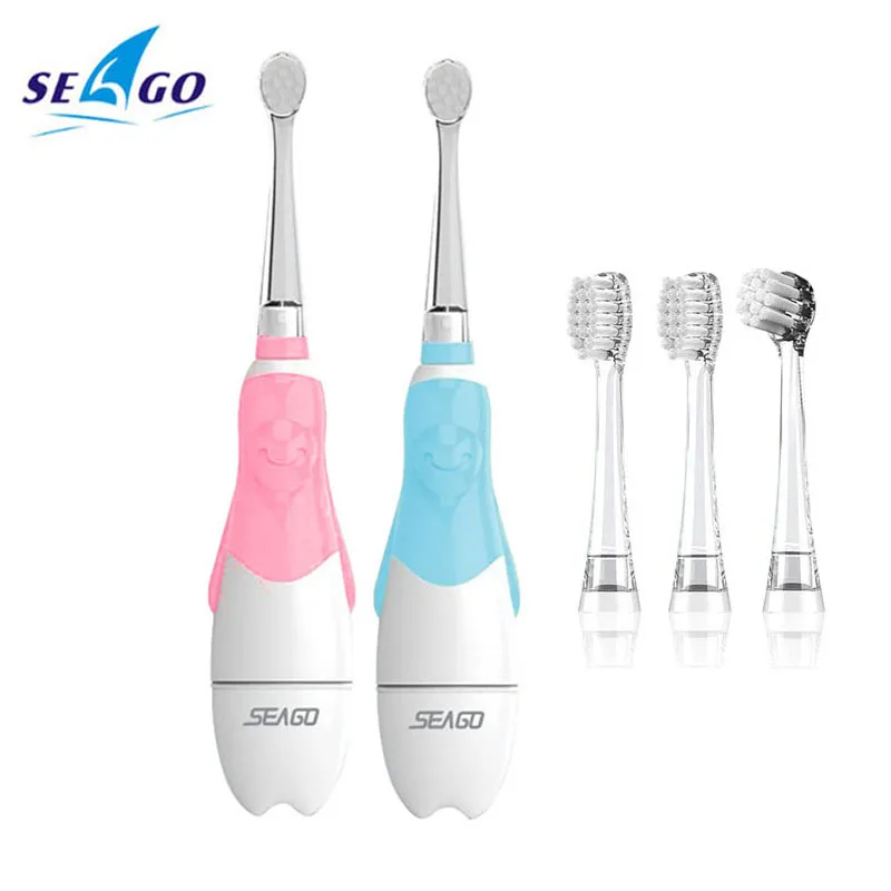 Seago Children Sonic Electric Toothbrush Battery Power LED Light Smart Timer Waterproof IPX7 Replaceable Dupont Brush Head SG513