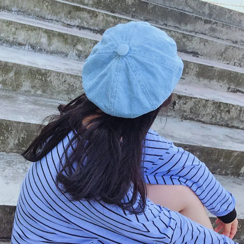 Women Men Vintage Washed Denim Blue Beret Cap Classic 8-Panel Octagonal Newsboy Painter Cabbie Adjustable Flat Sun Visor Hat